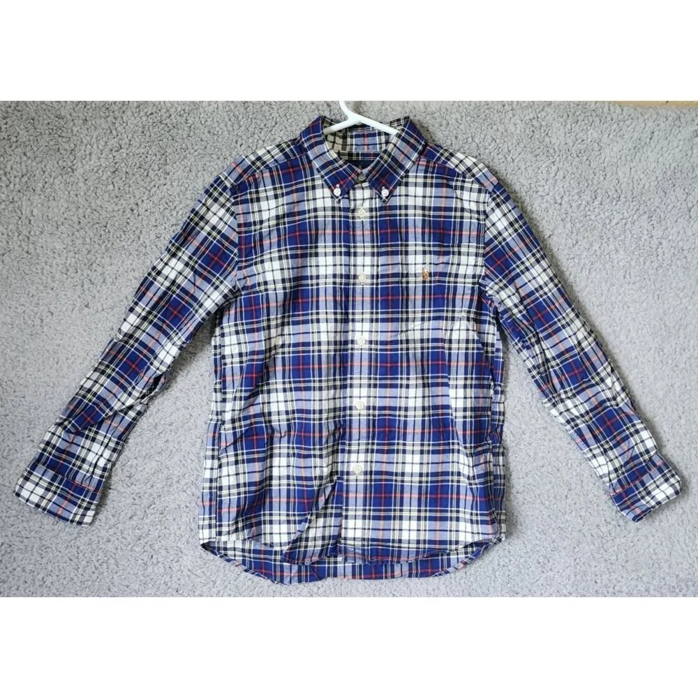 Ralph Lauren‎ Youth Size 7 Blue Plaid Natural Stretch Button Down LS Shirt